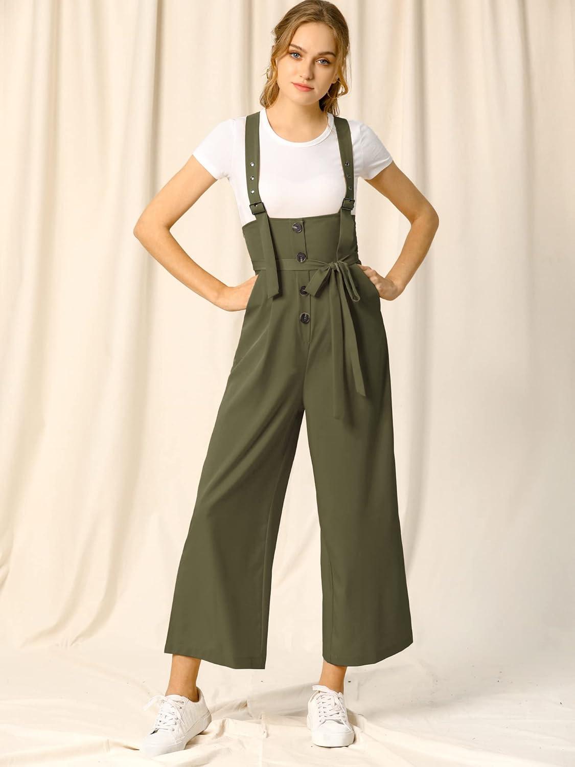 imageAllegra K Womens Wide Leg Overalls Loose Fit Belted High Waist Suspenders JumpsuitsArmy Green