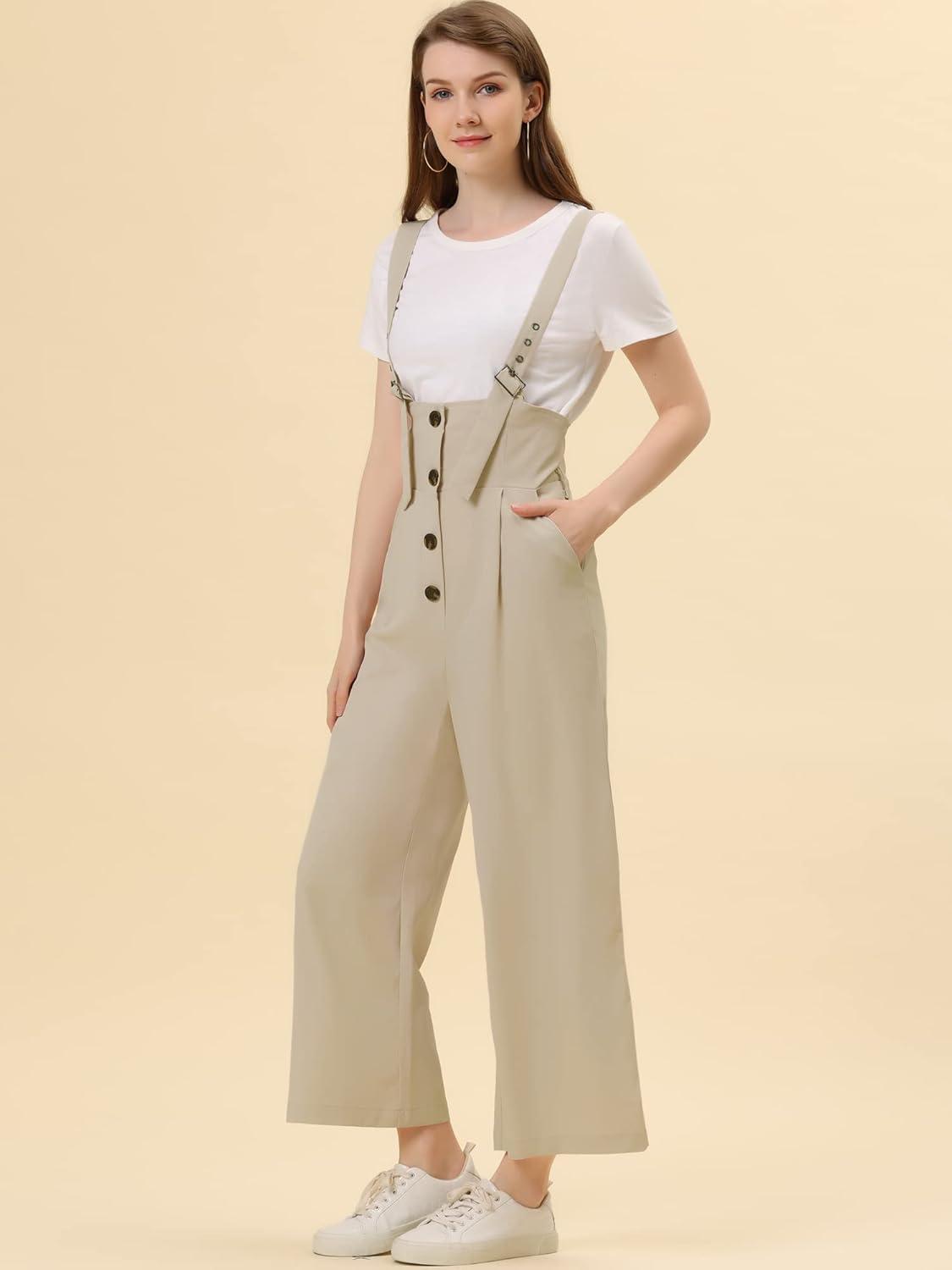 imageAllegra K Womens Wide Leg Overalls Loose Fit Belted High Waist Suspenders JumpsuitsBeige