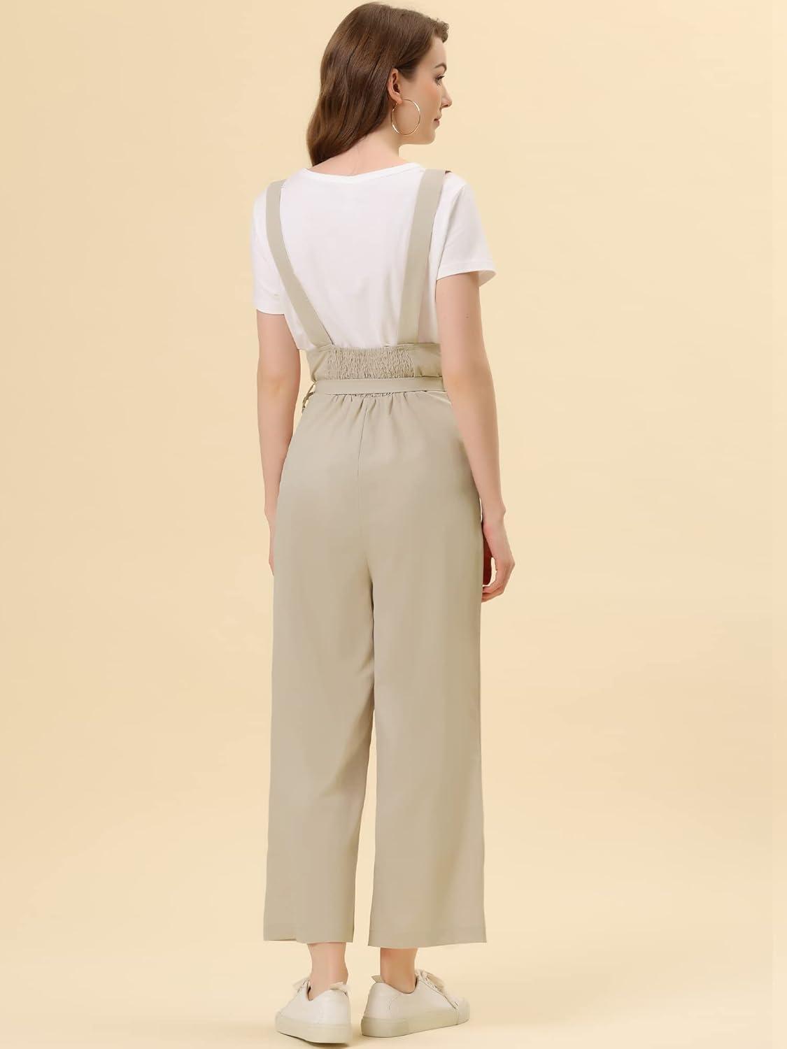 imageAllegra K Womens Wide Leg Overalls Loose Fit Belted High Waist Suspenders JumpsuitsBeige