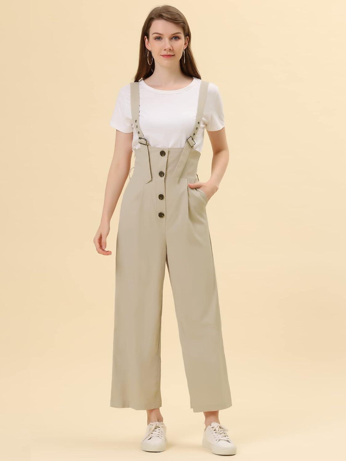 imageAllegra K Womens Wide Leg Overalls Loose Fit Belted High Waist Suspenders JumpsuitsBeige