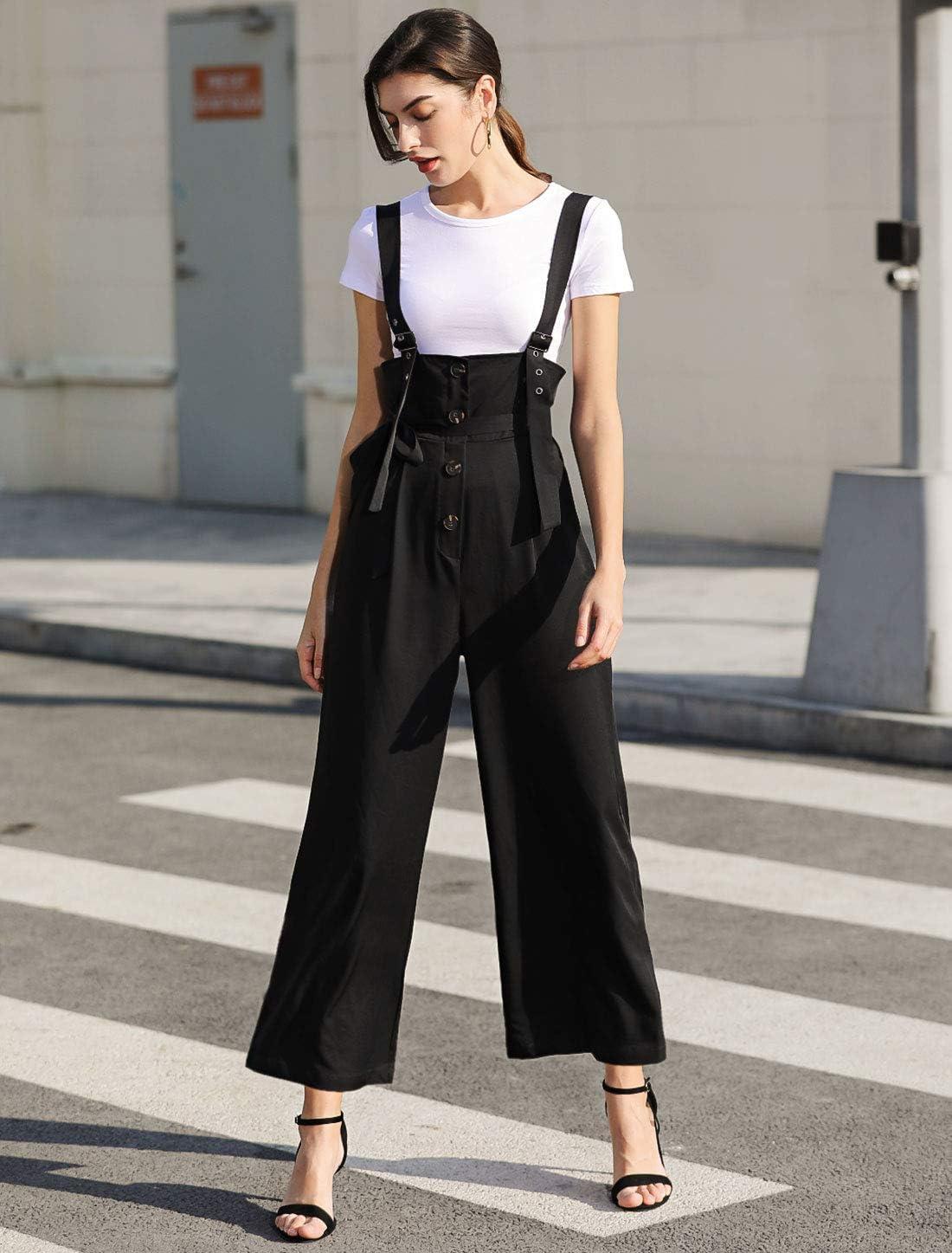 imageAllegra K Womens Wide Leg Overalls Loose Fit Belted High Waist Suspenders JumpsuitsBlack