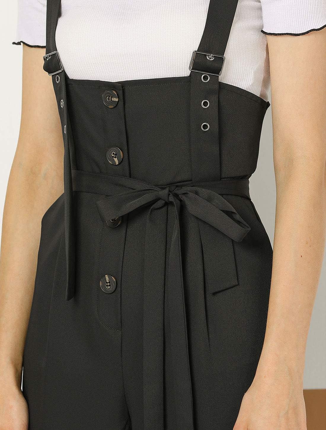 imageAllegra K Womens Wide Leg Overalls Loose Fit Belted High Waist Suspenders JumpsuitsBlack