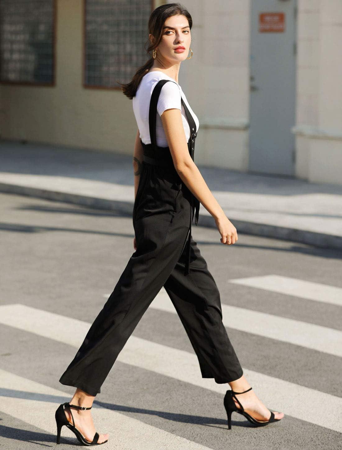 imageAllegra K Womens Wide Leg Overalls Loose Fit Belted High Waist Suspenders JumpsuitsBlack