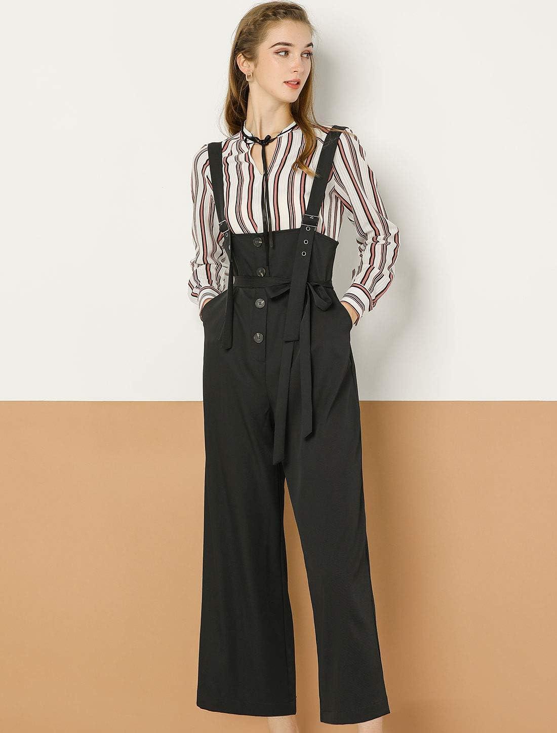 imageAllegra K Womens Wide Leg Overalls Loose Fit Belted High Waist Suspenders JumpsuitsBlack