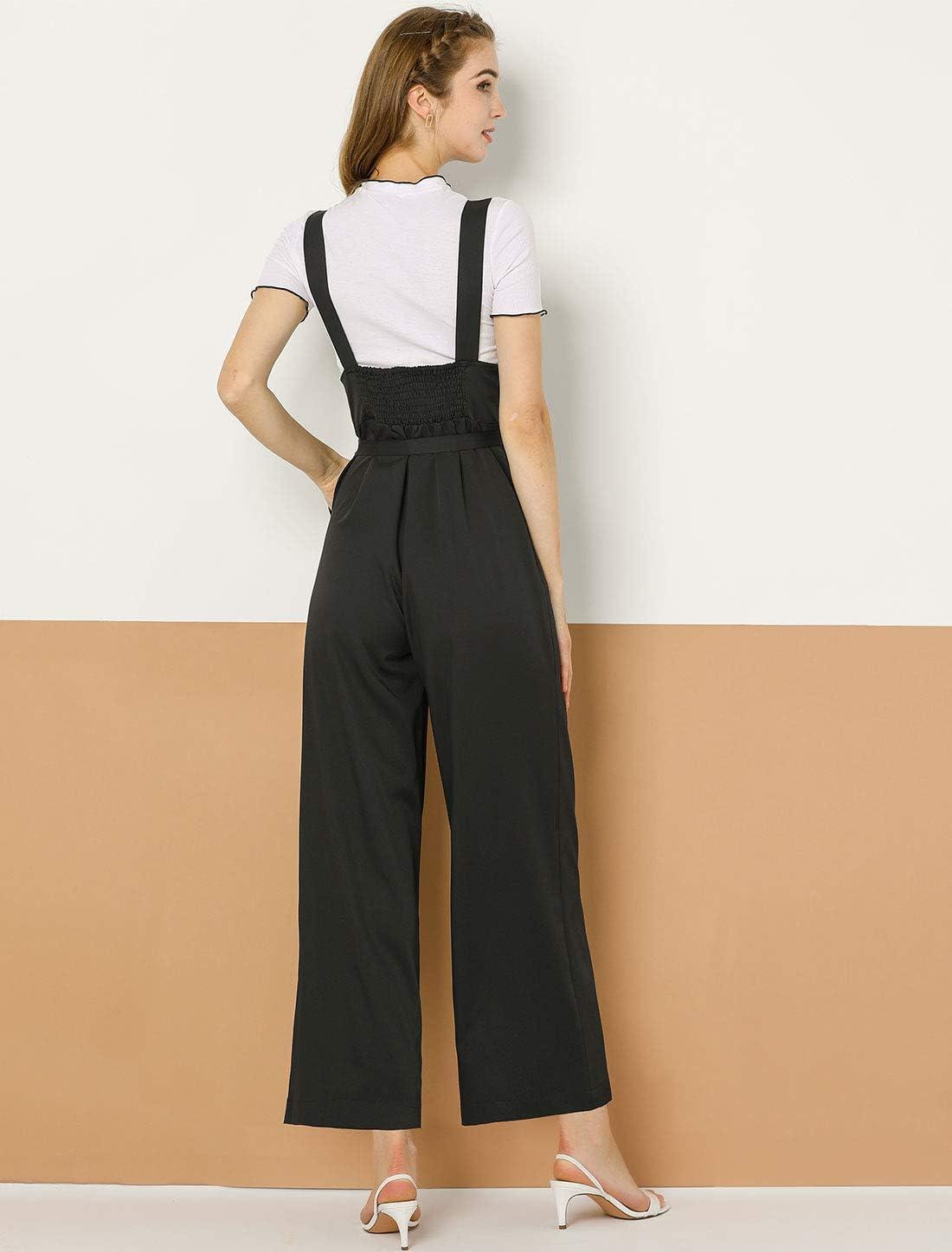 imageAllegra K Womens Wide Leg Overalls Loose Fit Belted High Waist Suspenders JumpsuitsBlack