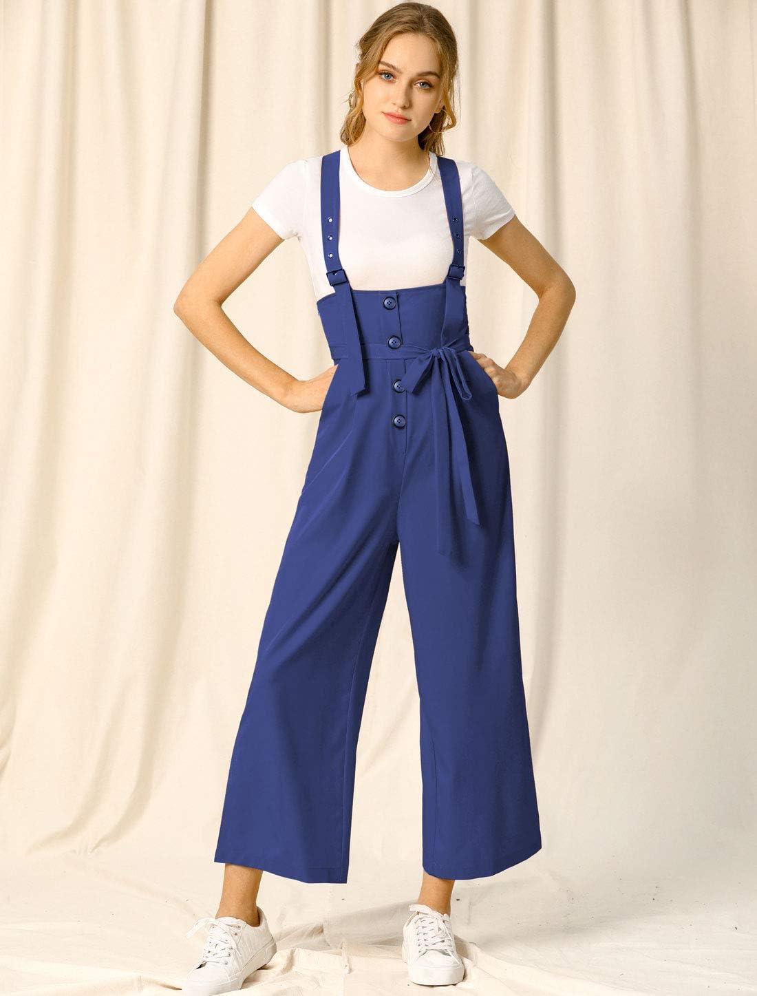 imageAllegra K Womens Wide Leg Overalls Loose Fit Belted High Waist Suspenders JumpsuitsBlue