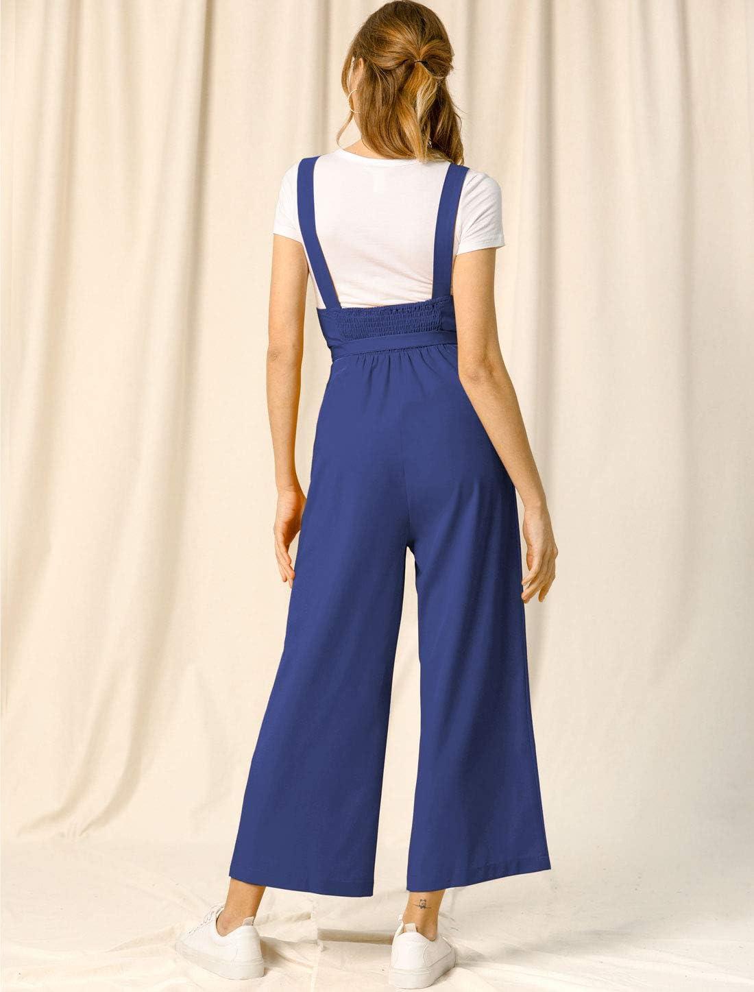 imageAllegra K Womens Wide Leg Overalls Loose Fit Belted High Waist Suspenders JumpsuitsBlue