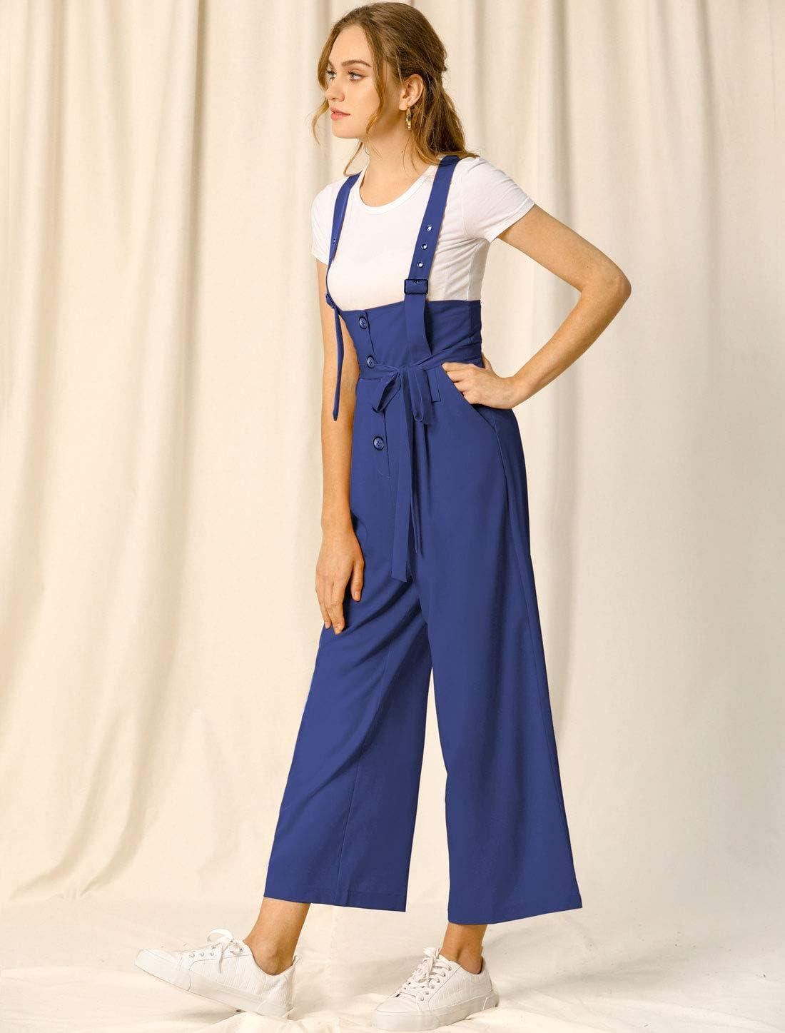 imageAllegra K Womens Wide Leg Overalls Loose Fit Belted High Waist Suspenders JumpsuitsBlue