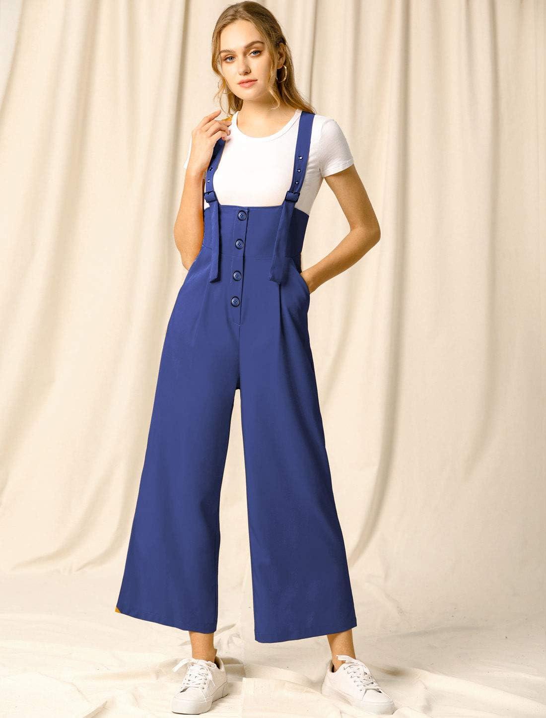 imageAllegra K Womens Wide Leg Overalls Loose Fit Belted High Waist Suspenders JumpsuitsBlue
