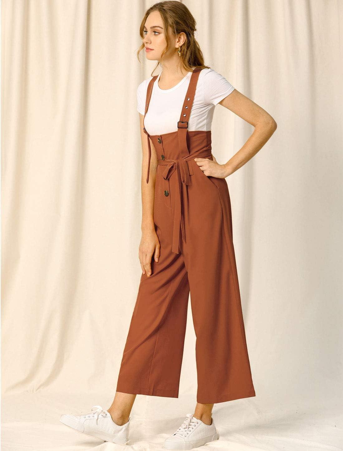 imageAllegra K Womens Wide Leg Overalls Loose Fit Belted High Waist Suspenders JumpsuitsBrown