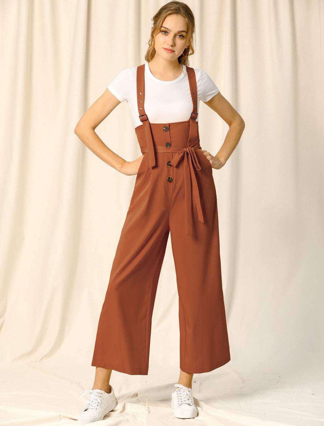 imageAllegra K Womens Wide Leg Overalls Loose Fit Belted High Waist Suspenders JumpsuitsBrown