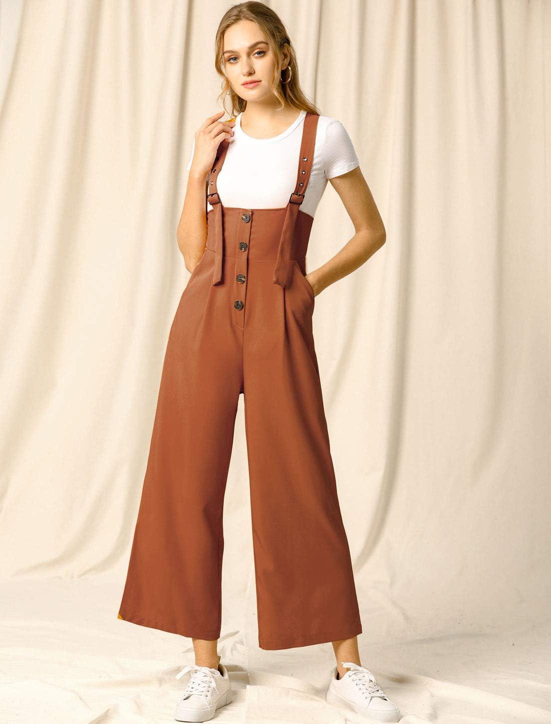 imageAllegra K Womens Wide Leg Overalls Loose Fit Belted High Waist Suspenders JumpsuitsBrown