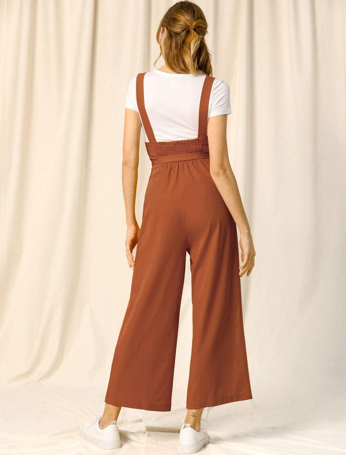 imageAllegra K Womens Wide Leg Overalls Loose Fit Belted High Waist Suspenders JumpsuitsBrown