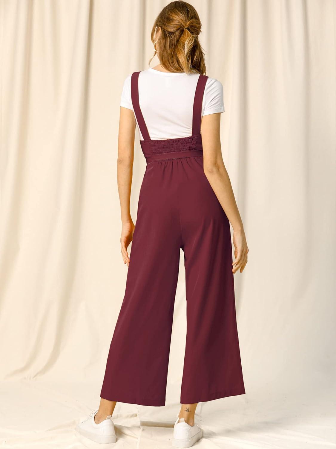 imageAllegra K Womens Wide Leg Overalls Loose Fit Belted High Waist Suspenders JumpsuitsBurgundy