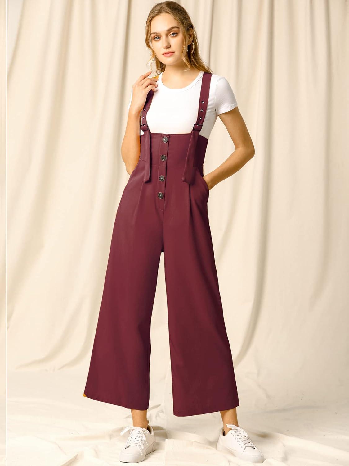 imageAllegra K Womens Wide Leg Overalls Loose Fit Belted High Waist Suspenders JumpsuitsBurgundy