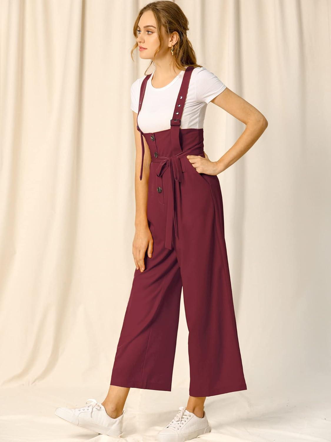 imageAllegra K Womens Wide Leg Overalls Loose Fit Belted High Waist Suspenders JumpsuitsBurgundy