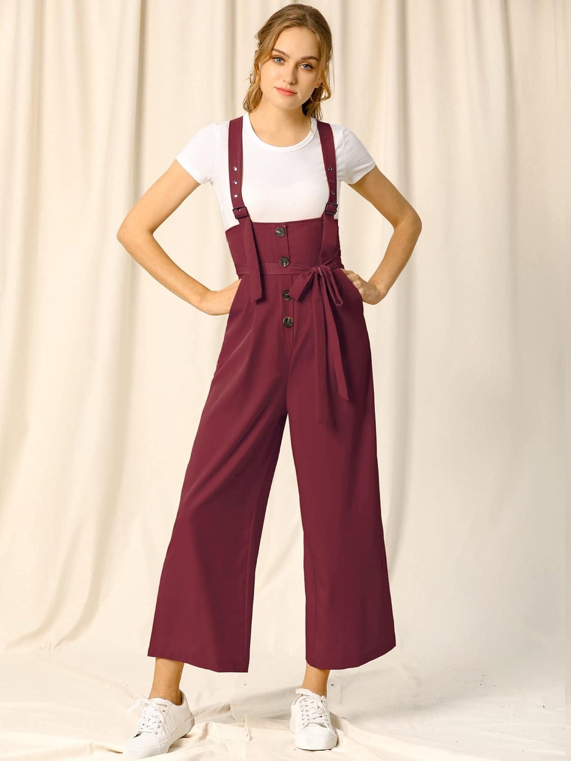 imageAllegra K Womens Wide Leg Overalls Loose Fit Belted High Waist Suspenders JumpsuitsBurgundy