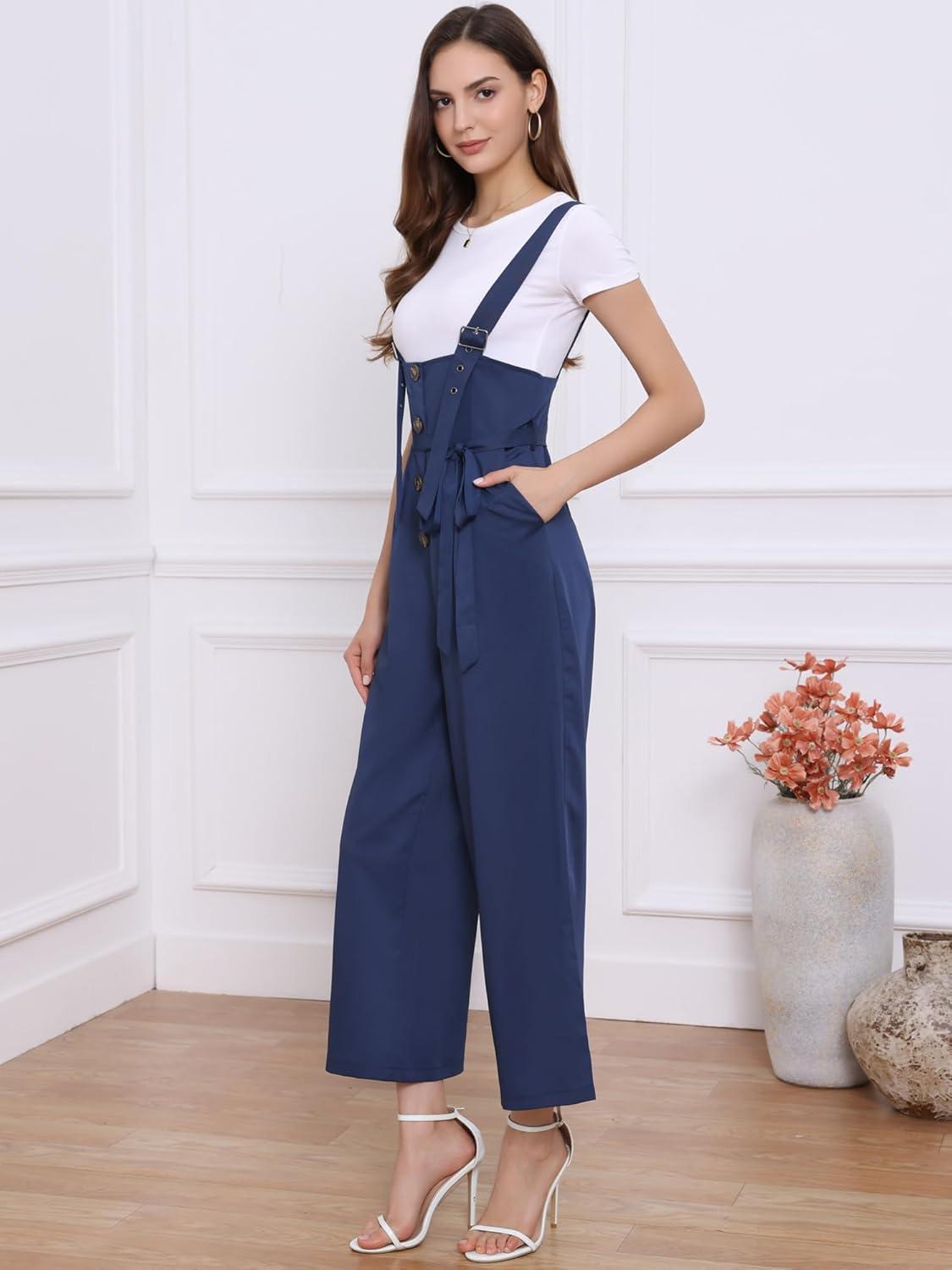 imageAllegra K Womens Wide Leg Overalls Loose Fit Belted High Waist Suspenders JumpsuitsDark Blue