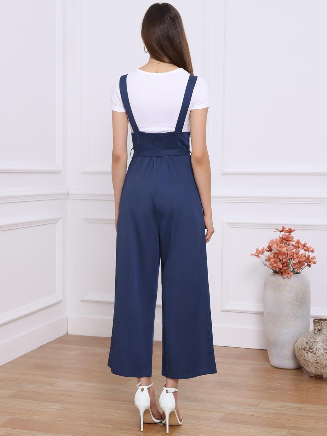 imageAllegra K Womens Wide Leg Overalls Loose Fit Belted High Waist Suspenders JumpsuitsDark Blue