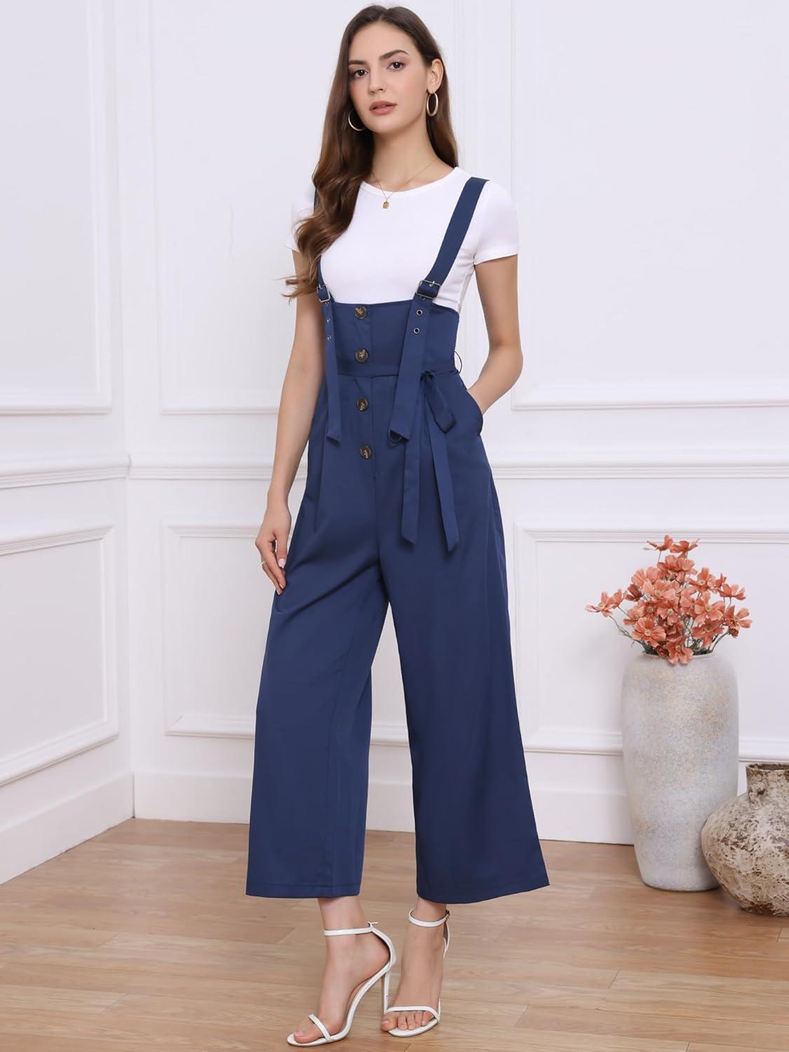imageAllegra K Womens Wide Leg Overalls Loose Fit Belted High Waist Suspenders JumpsuitsDark Blue