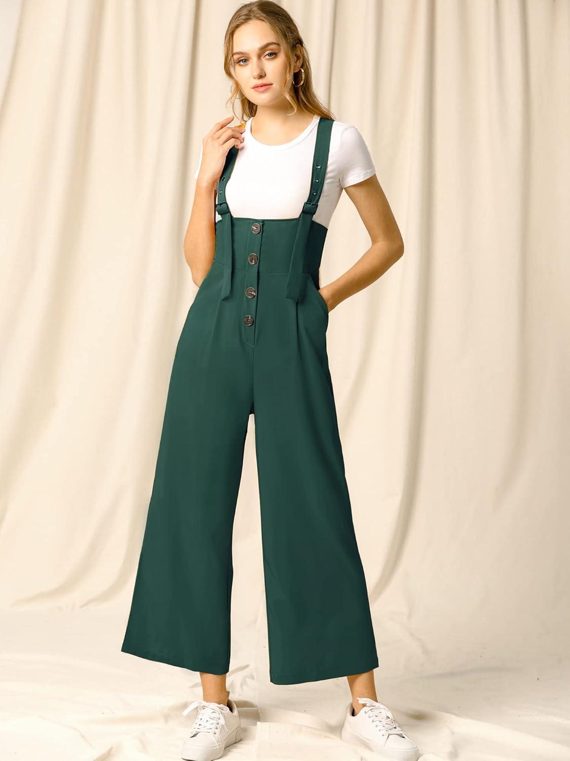 imageAllegra K Womens Wide Leg Overalls Loose Fit Belted High Waist Suspenders JumpsuitsDark Green