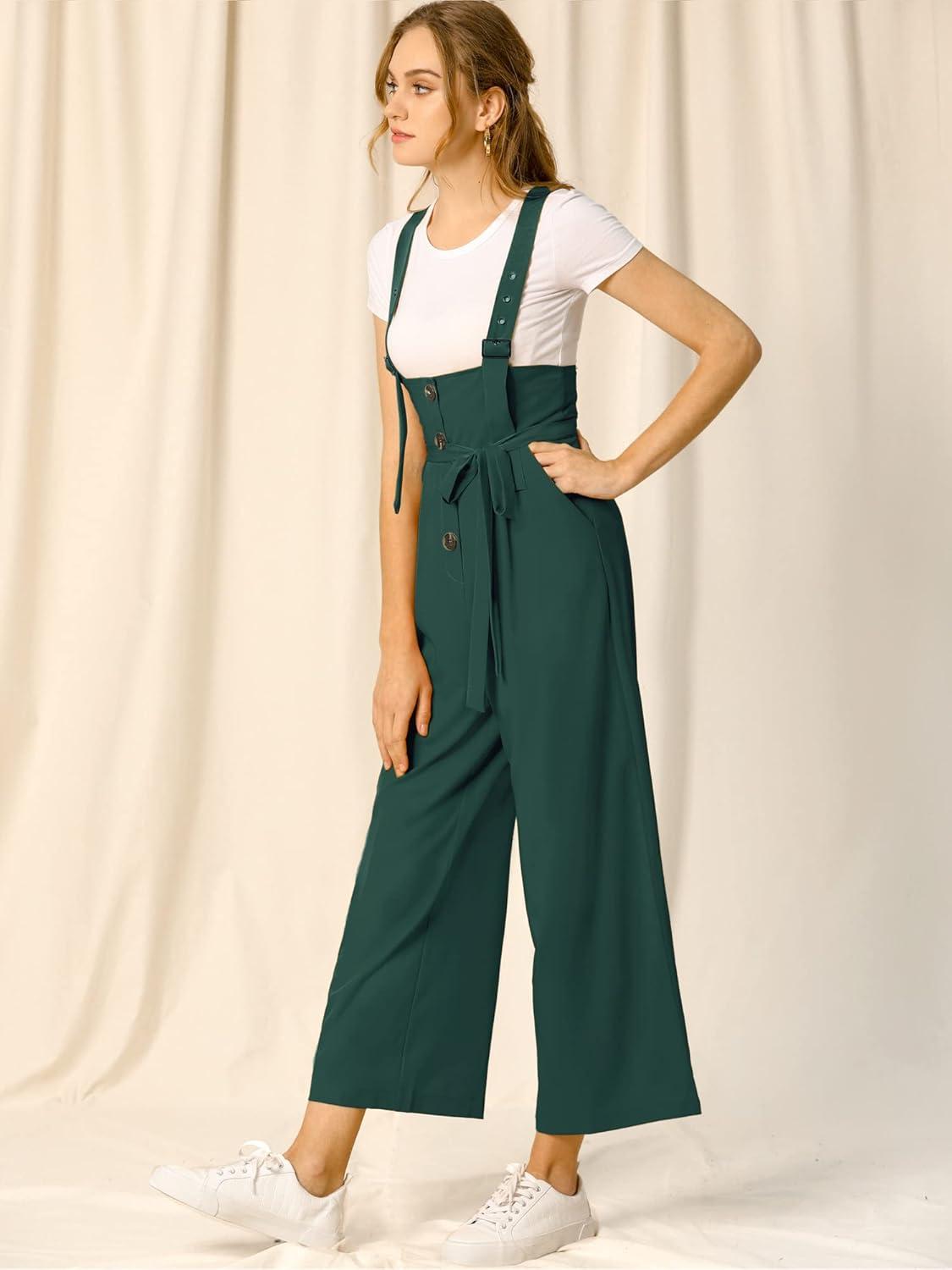 imageAllegra K Womens Wide Leg Overalls Loose Fit Belted High Waist Suspenders JumpsuitsDark Green