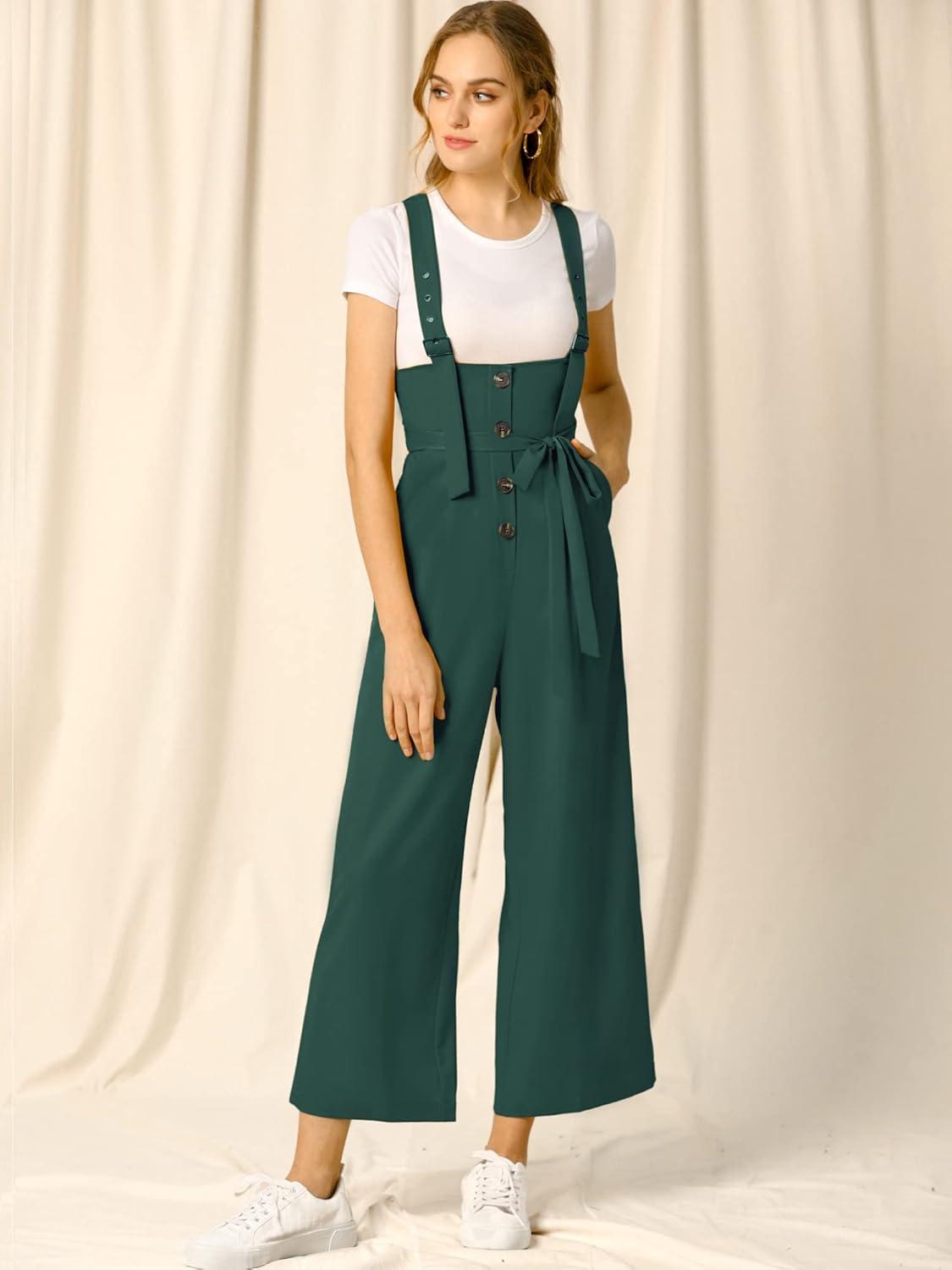 imageAllegra K Womens Wide Leg Overalls Loose Fit Belted High Waist Suspenders JumpsuitsDark Green