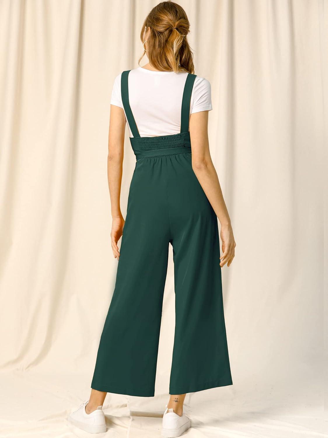 imageAllegra K Womens Wide Leg Overalls Loose Fit Belted High Waist Suspenders JumpsuitsDark Green