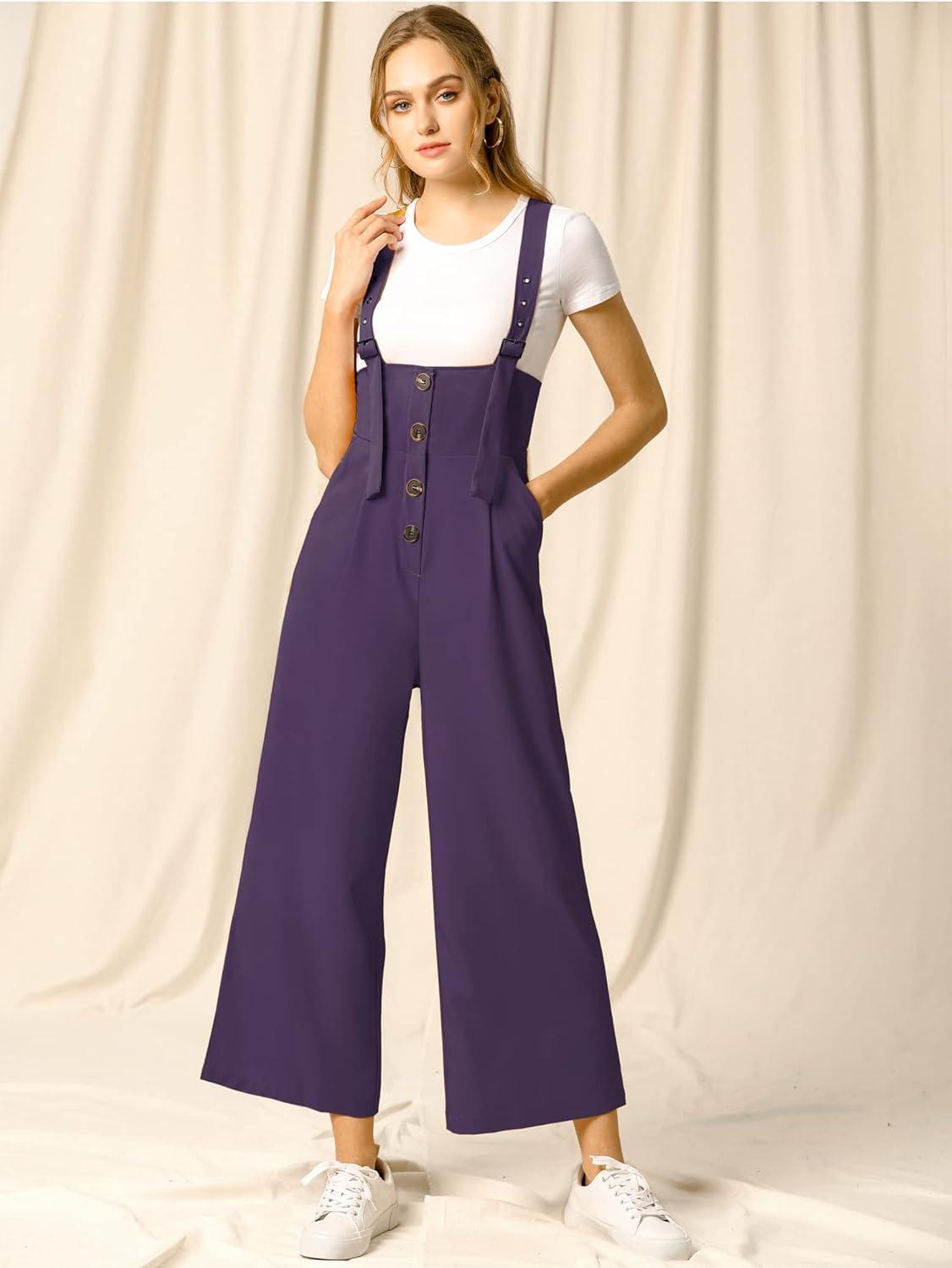 imageAllegra K Womens Wide Leg Overalls Loose Fit Belted High Waist Suspenders JumpsuitsDark Purple