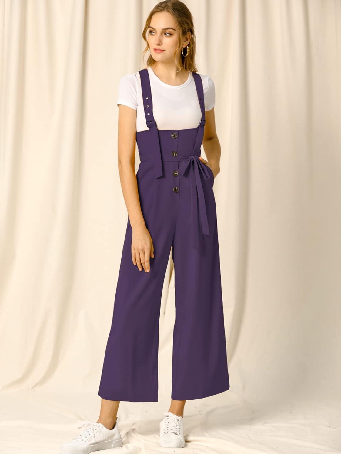 imageAllegra K Womens Wide Leg Overalls Loose Fit Belted High Waist Suspenders JumpsuitsDark Purple