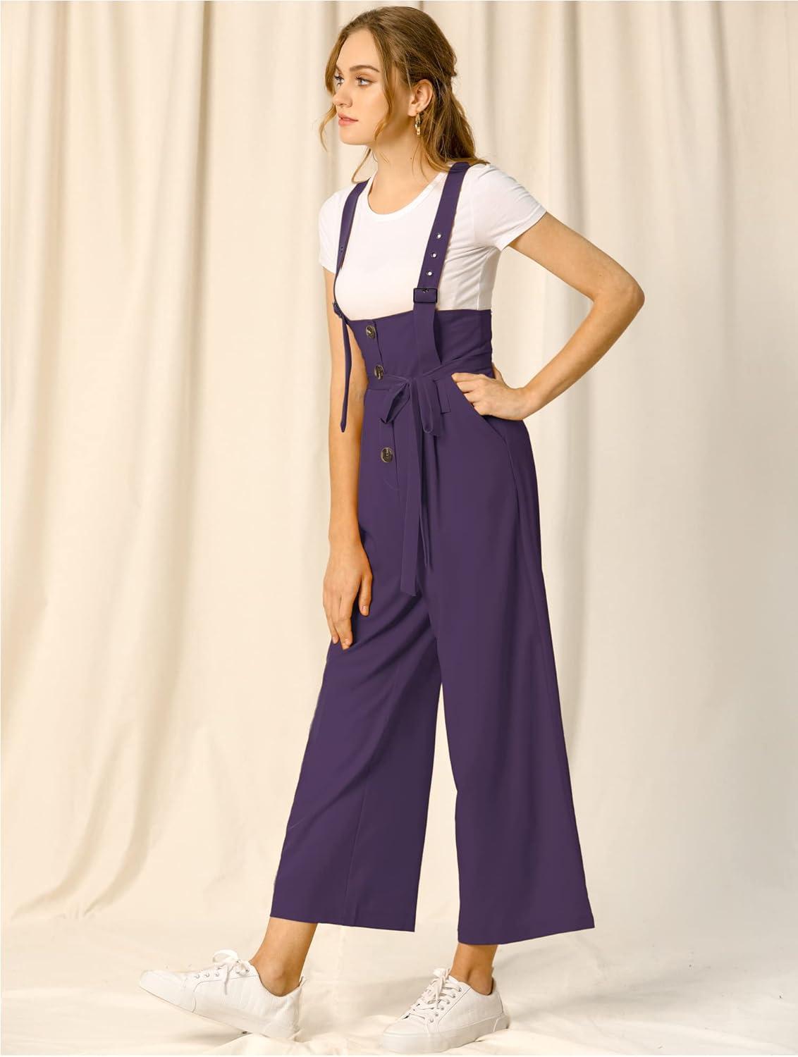 imageAllegra K Womens Wide Leg Overalls Loose Fit Belted High Waist Suspenders JumpsuitsDark Purple