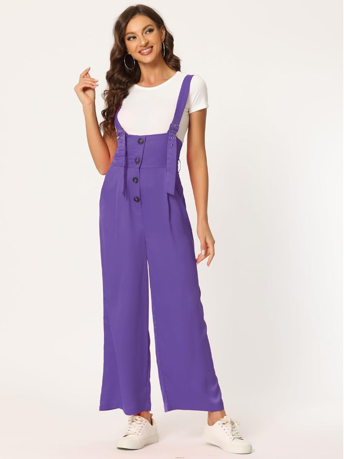 imageAllegra K Womens Wide Leg Overalls Loose Fit Belted High Waist Suspenders JumpsuitsGrape