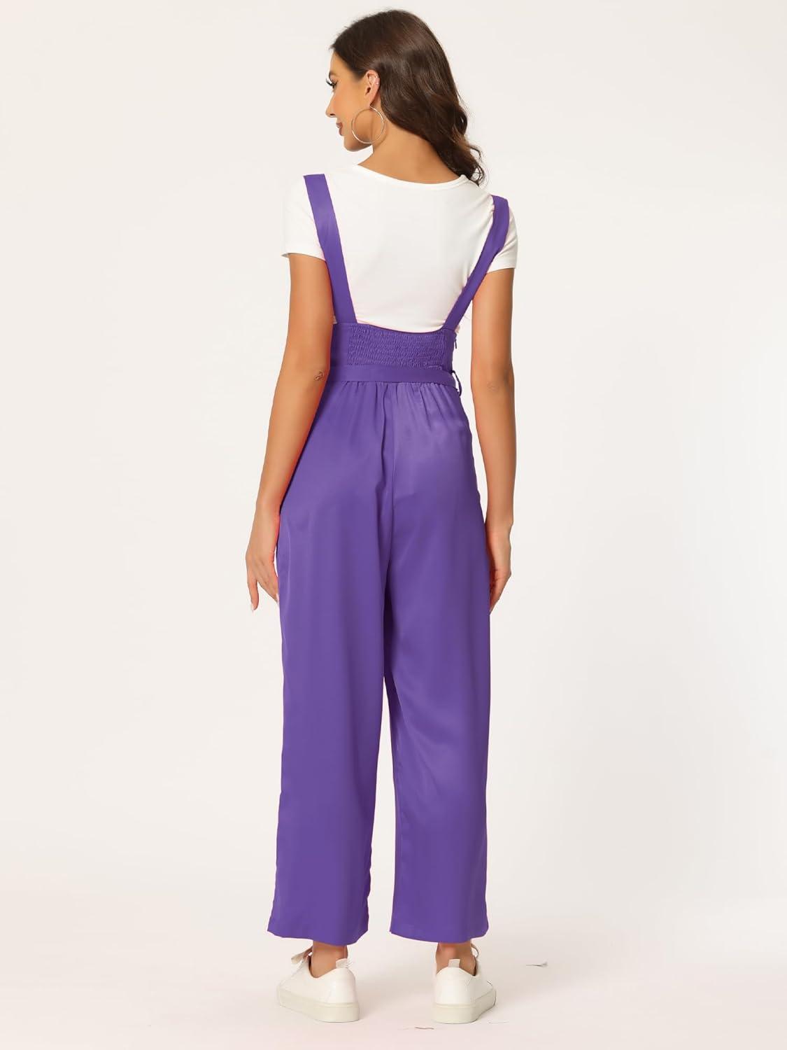 imageAllegra K Womens Wide Leg Overalls Loose Fit Belted High Waist Suspenders JumpsuitsGrape