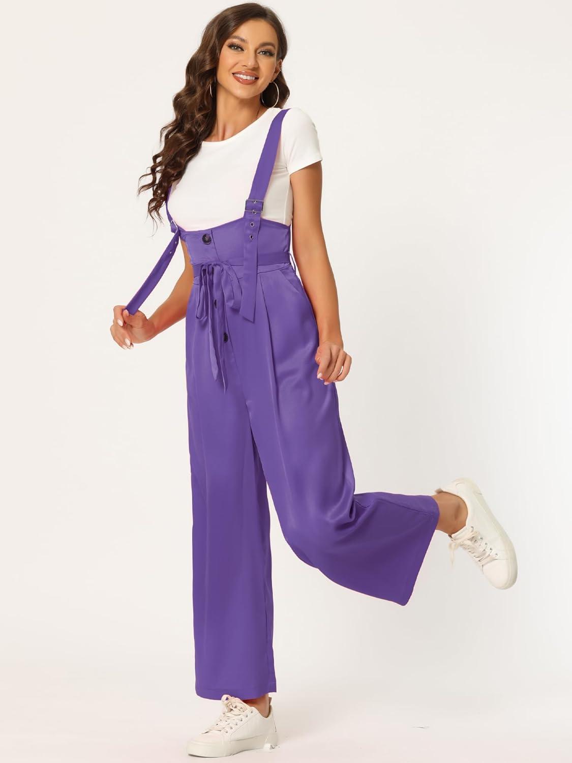 imageAllegra K Womens Wide Leg Overalls Loose Fit Belted High Waist Suspenders JumpsuitsGrape