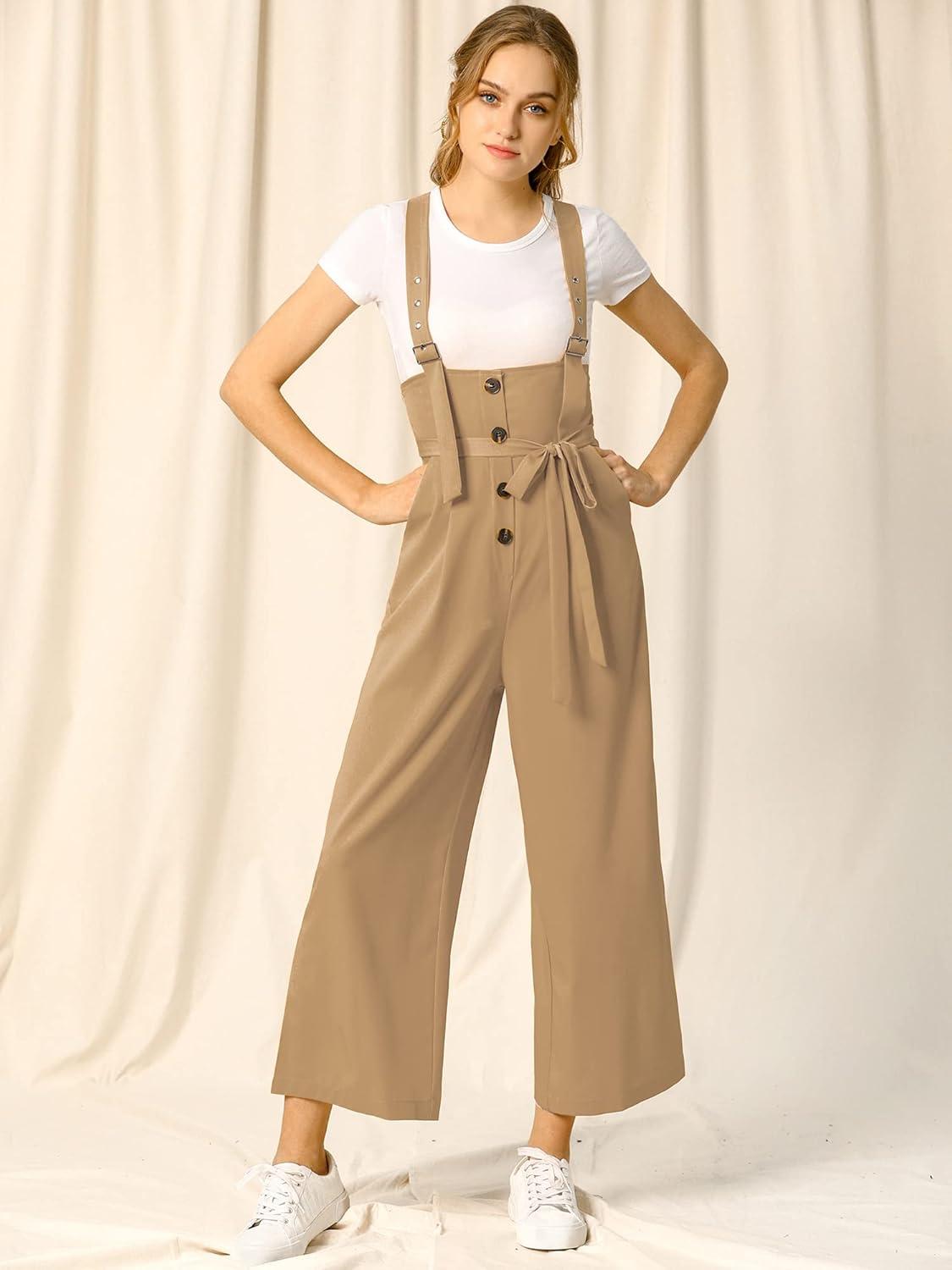 imageAllegra K Womens Wide Leg Overalls Loose Fit Belted High Waist Suspenders JumpsuitsKhaki