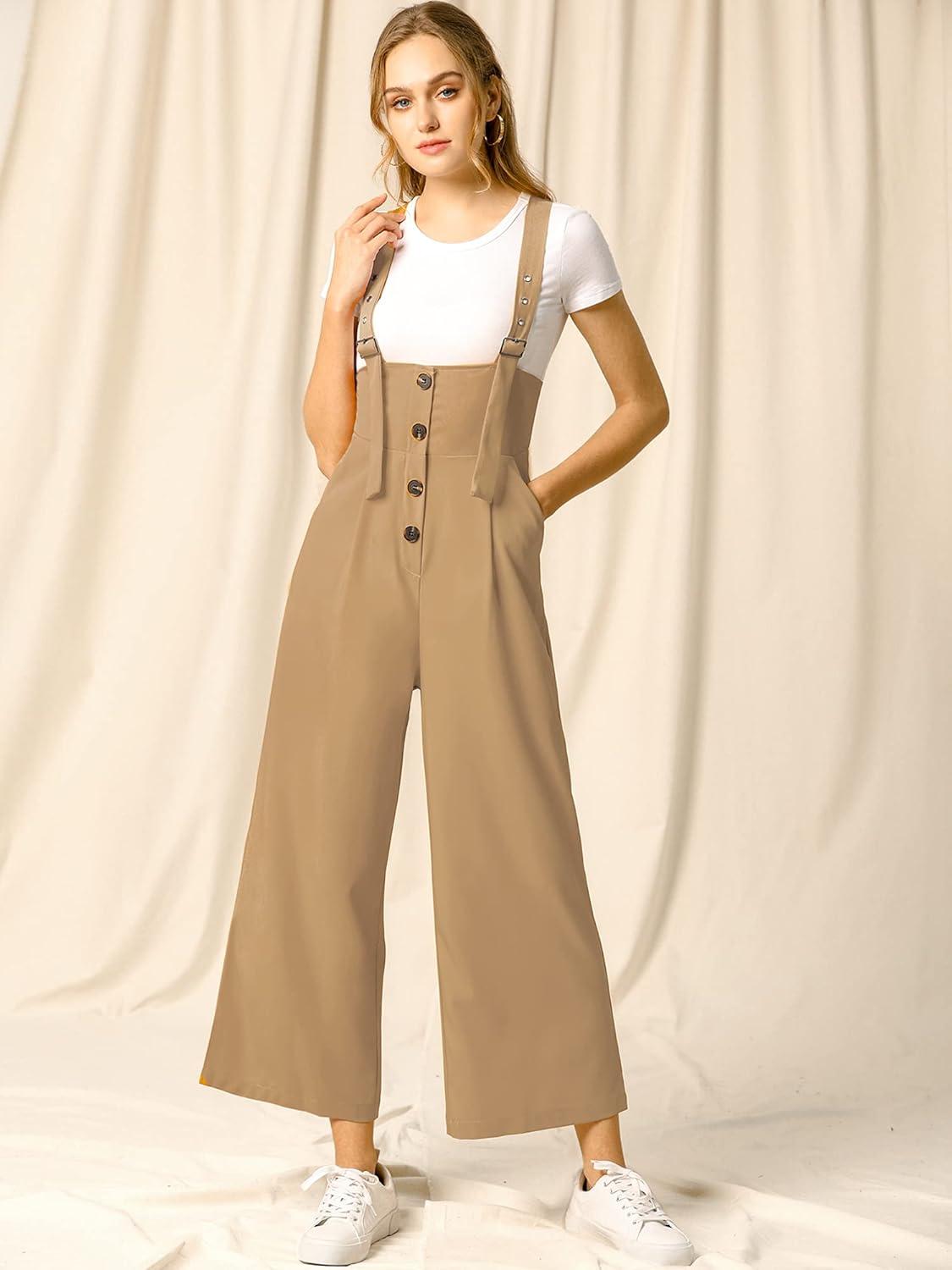 imageAllegra K Womens Wide Leg Overalls Loose Fit Belted High Waist Suspenders JumpsuitsKhaki