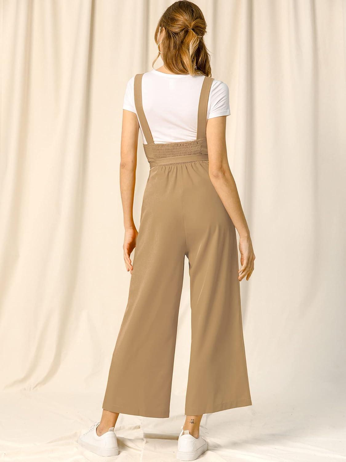 imageAllegra K Womens Wide Leg Overalls Loose Fit Belted High Waist Suspenders JumpsuitsKhaki