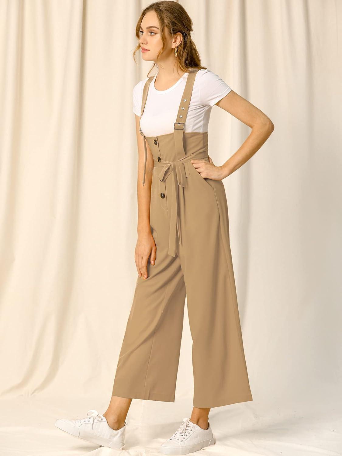 imageAllegra K Womens Wide Leg Overalls Loose Fit Belted High Waist Suspenders JumpsuitsKhaki