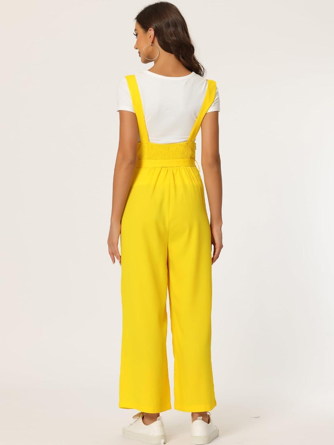 imageAllegra K Womens Wide Leg Overalls Loose Fit Belted High Waist Suspenders JumpsuitsLight Yellow
