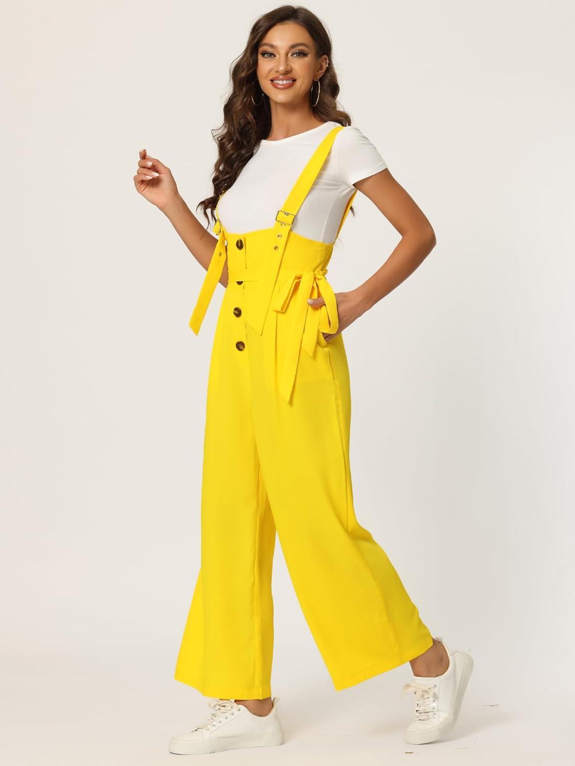 imageAllegra K Womens Wide Leg Overalls Loose Fit Belted High Waist Suspenders JumpsuitsLight Yellow