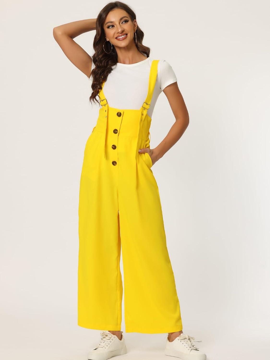 imageAllegra K Womens Wide Leg Overalls Loose Fit Belted High Waist Suspenders JumpsuitsLight Yellow