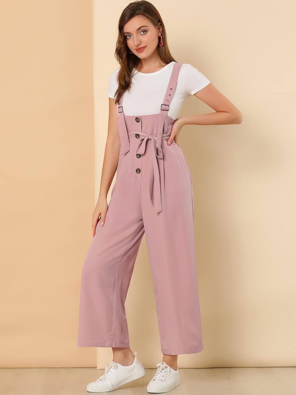 imageAllegra K Womens Wide Leg Overalls Loose Fit Belted High Waist Suspenders JumpsuitsPink