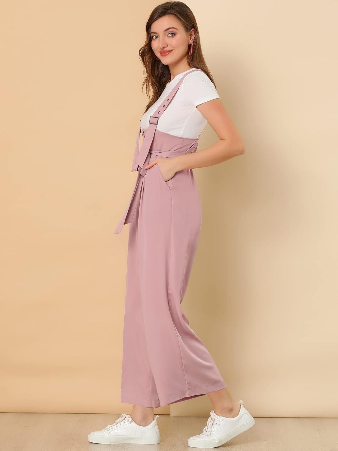 imageAllegra K Womens Wide Leg Overalls Loose Fit Belted High Waist Suspenders JumpsuitsPink