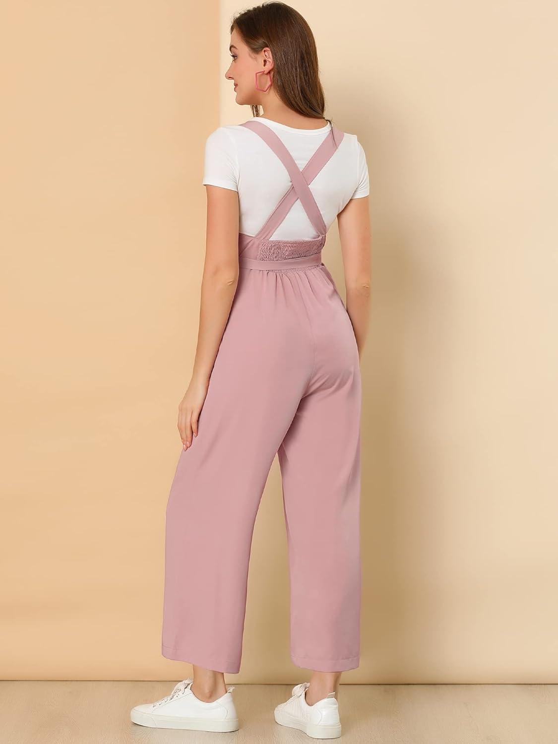 imageAllegra K Womens Wide Leg Overalls Loose Fit Belted High Waist Suspenders JumpsuitsPink
