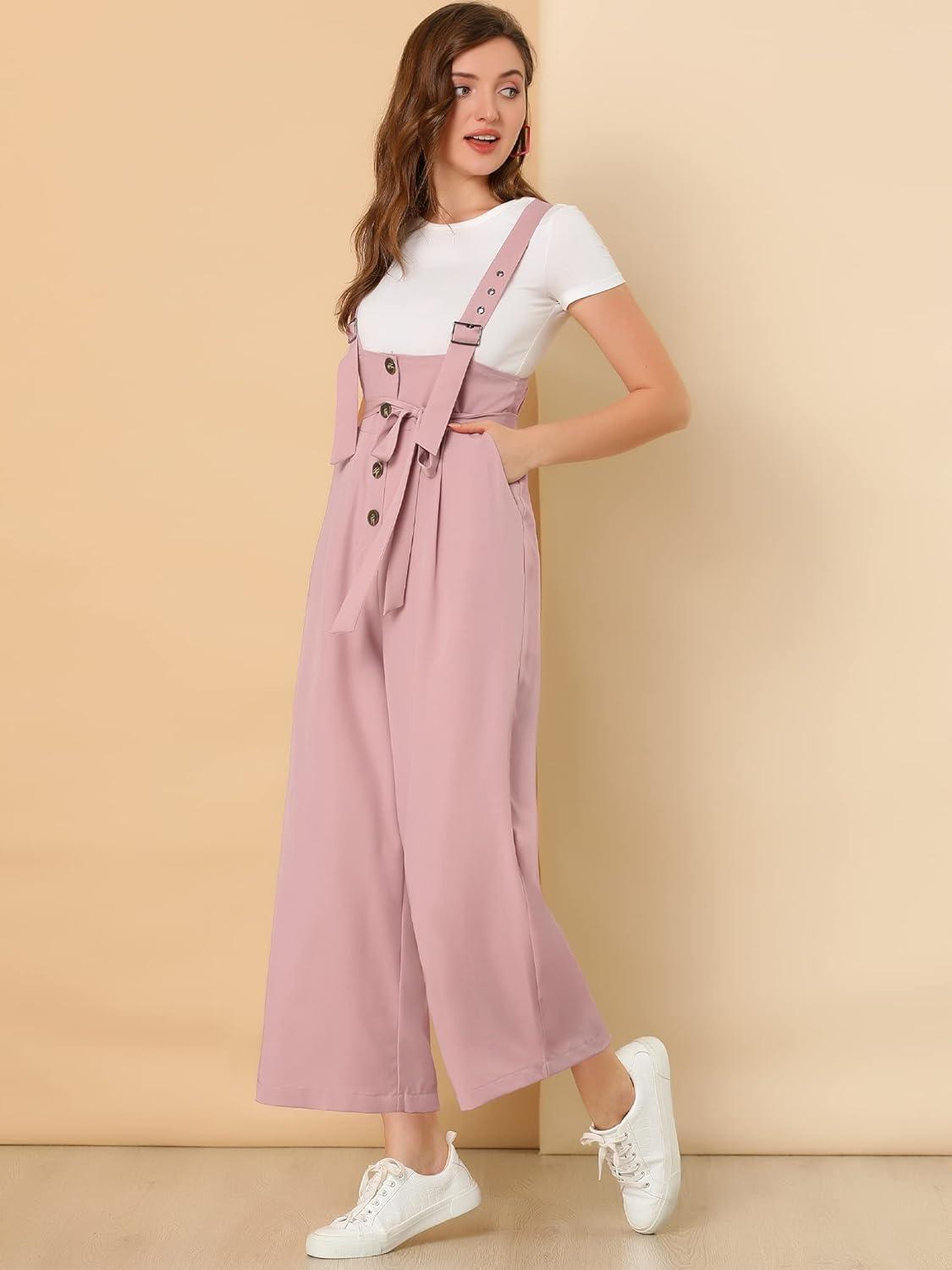 imageAllegra K Womens Wide Leg Overalls Loose Fit Belted High Waist Suspenders JumpsuitsPink