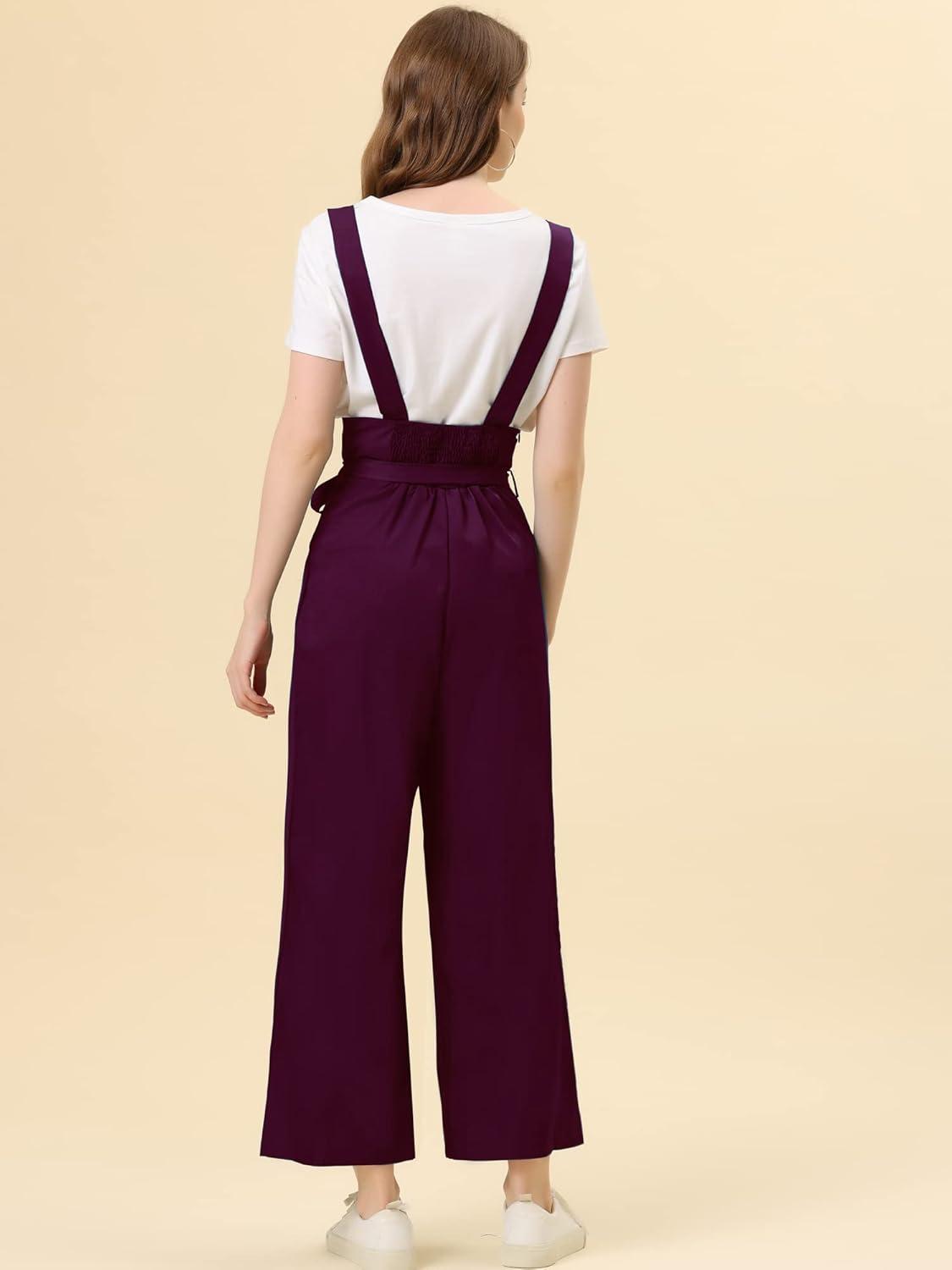 imageAllegra K Womens Wide Leg Overalls Loose Fit Belted High Waist Suspenders JumpsuitsPurplish Red