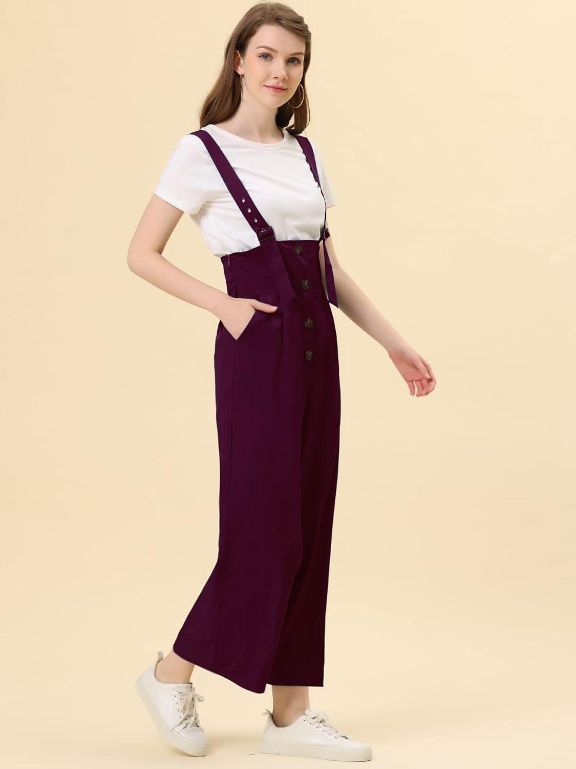 imageAllegra K Womens Wide Leg Overalls Loose Fit Belted High Waist Suspenders JumpsuitsPurplish Red