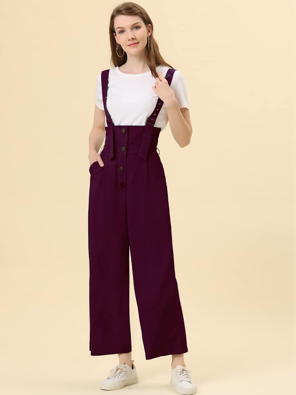 imageAllegra K Womens Wide Leg Overalls Loose Fit Belted High Waist Suspenders JumpsuitsPurplish Red
