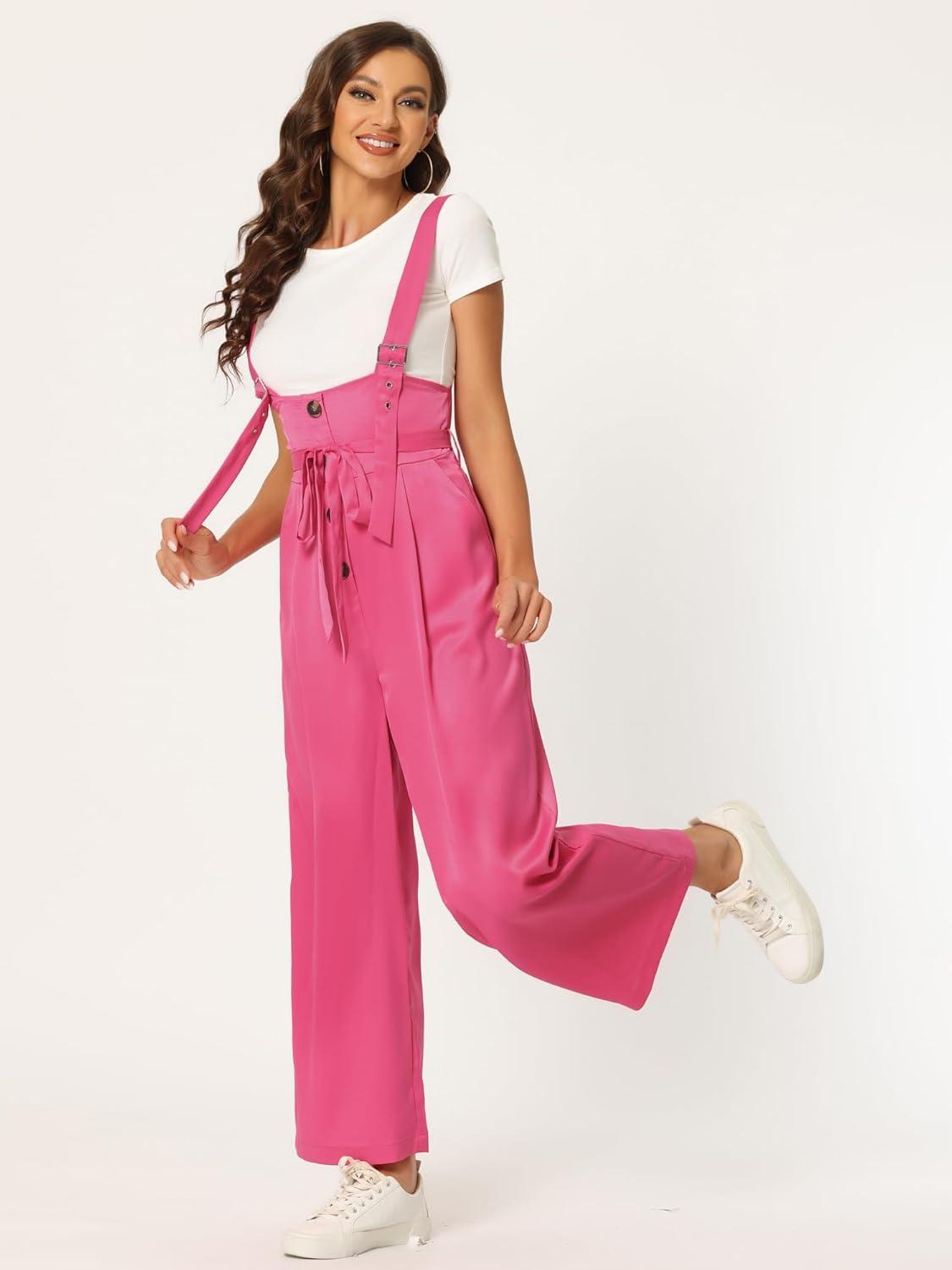 imageAllegra K Womens Wide Leg Overalls Loose Fit Belted High Waist Suspenders JumpsuitsRose Red