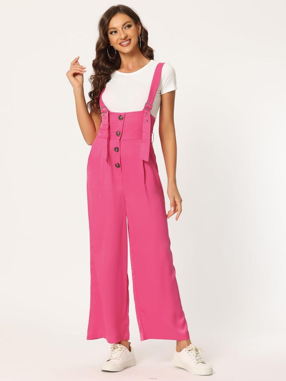 imageAllegra K Womens Wide Leg Overalls Loose Fit Belted High Waist Suspenders JumpsuitsRose Red